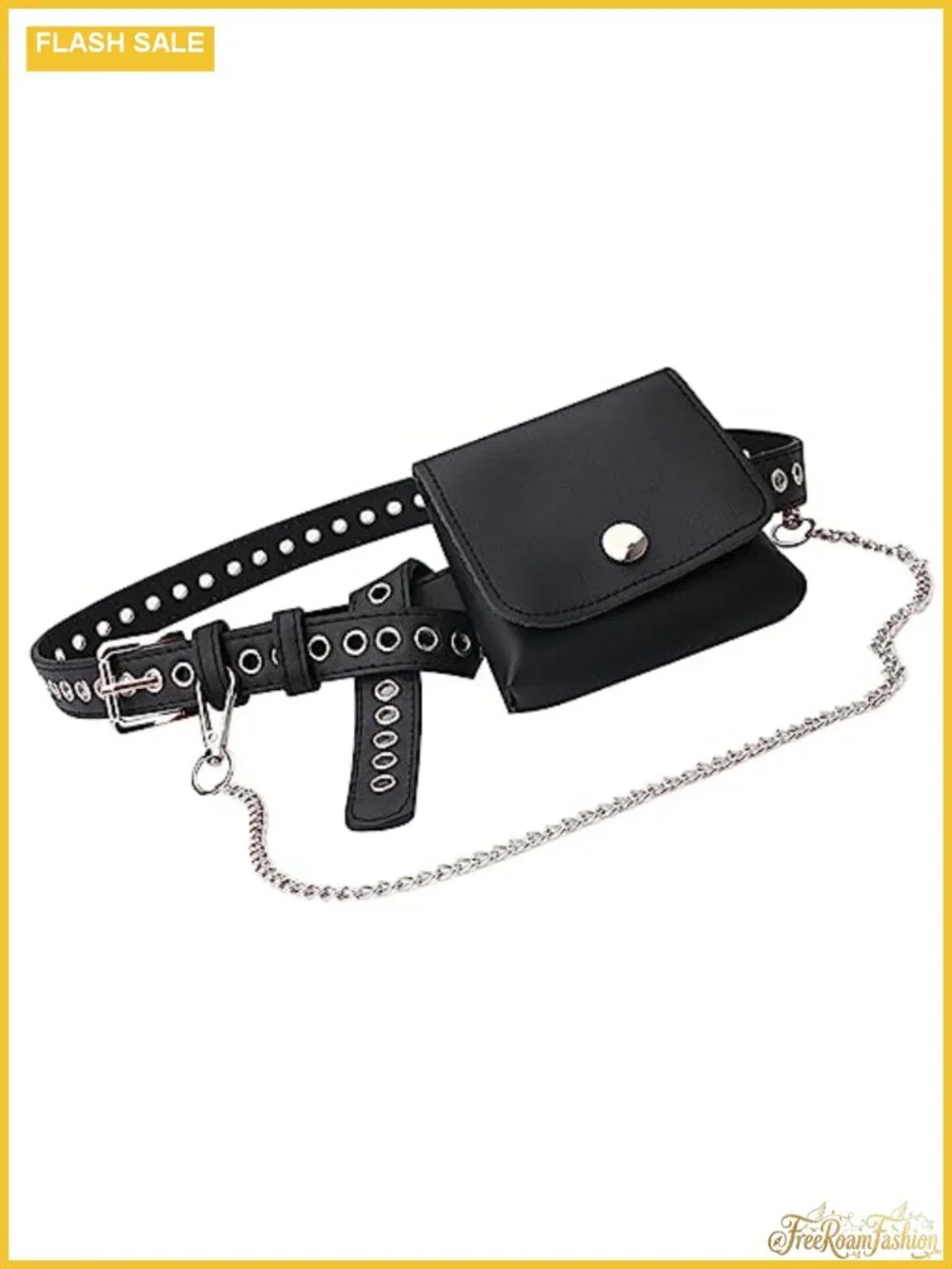 eYLun Women's Faux Leather Grommet Chain Belt with Mini Waist Bag Punk Goth